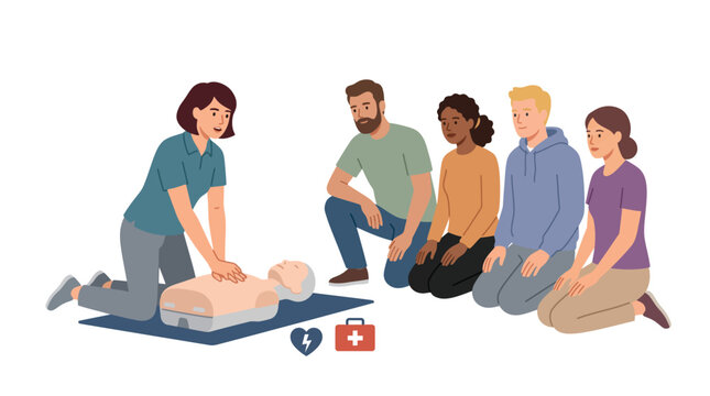 First aid training class illustration with diverse group of students learning cardiopulmonary resuscitation techniques on medical mannequin with instructor guidance.