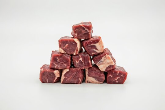 Raw beef cubes stacked in a pyramid shape isolated on white background