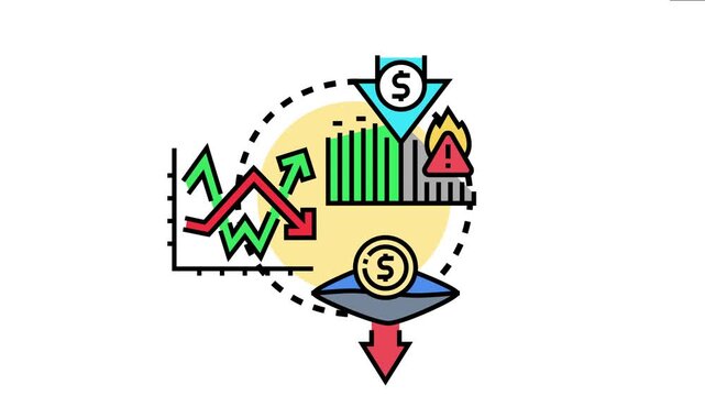 Market volatility risk exposure concept financial instability, falling currency value, and potential loss in investments through dynamic charts and warning signals