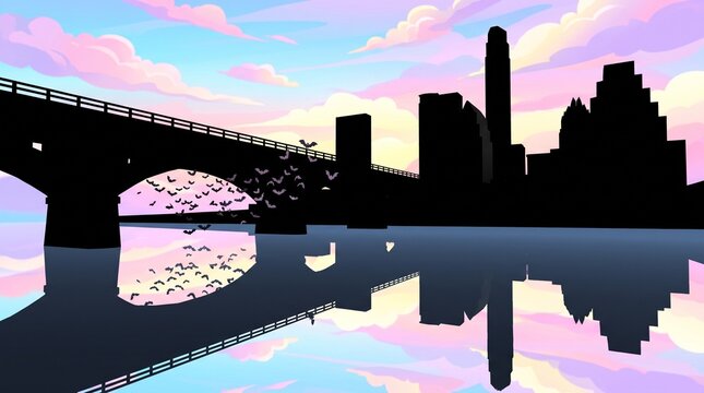 A colorful cartoon vector illustration of a minimalist black silhouette of the Austin, Texas skyline and the Congress Avenue Bridge with a swarm of bats flying out at sunset, reflected in the calm wat