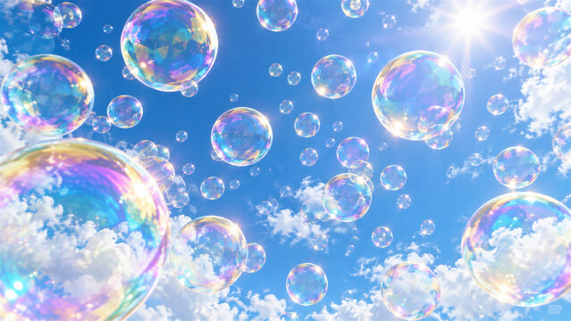 眩しい太陽の光が差し込む夏の青空に向かって飛んでいく無数の美しい虹色のシャボン玉 generative ai