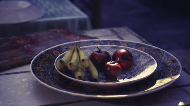 Styled plates of fruit for tourism, rich textures and branded market vibe with Mutrah Souq backdrop, balanced composition for travel brochure imagery with ripe