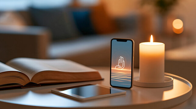 Mobile phone displaying a generic prayer interface beside a Bible and candle on a home table, online worship, digital faith, Christian prayer, technology and spirituality, with