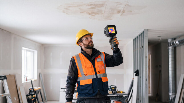 Building inspector using thermal imaging camera to check for water damage on ceiling. Professional home inspection and maintenance concept