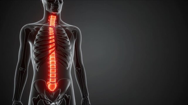 3D Medical Animation Showing Human Spine Anatomy with Glowing Red Vertebrae Highlighted on a Dark Background