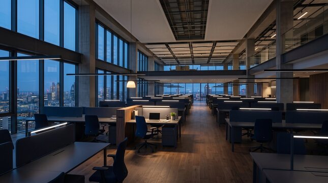Spacious empty modern office workspace at dusk with panoramic city views