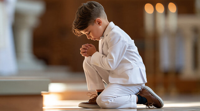 Young child in formal white clothing kneeling at a church altar during First Communion, face outside the frame, religious tradition, family celebration, spiritual milestone, with
