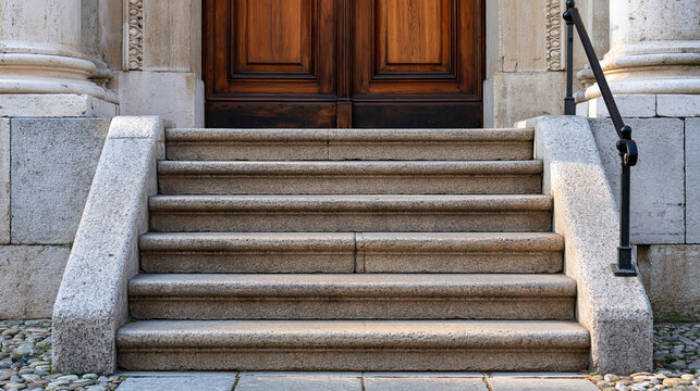 Close-up architectural detail of an old church doorway with carved wood, stone steps and subtle decorative elements, historic religious building, heritage architecture, travel