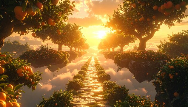 A magical orange orchard on a floating island, filled with lush green trees and bright orange fruit, with a stone pathway leading through the garden beneath warm golden sunset light and clouds.