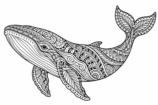 Black and white whale illustration with intricate doodle line patterns