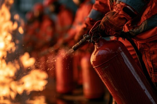Firefighter using a fire extinguisher to put out a fire during a safety training exercise