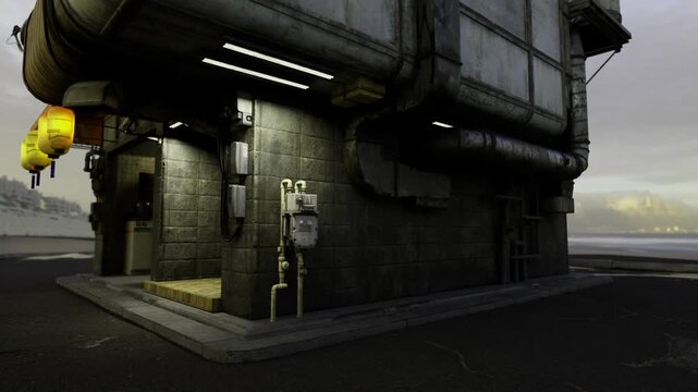 Cinematic utility corner with glowing lanterns, urban edge and damp pavement set dystopian tone visible control box, conduit and access ladder suggest ongoing