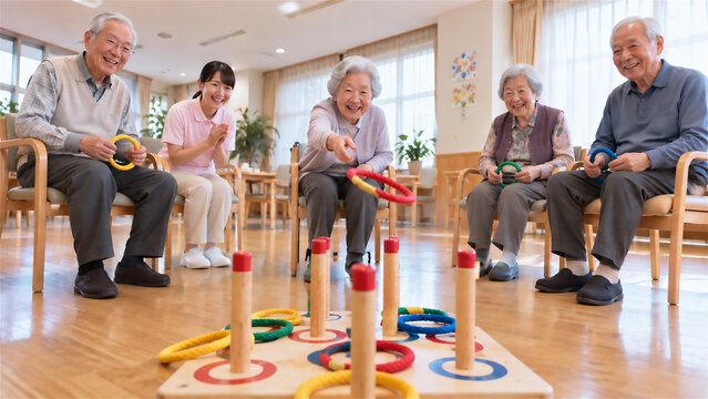 介護施設の明るいレクリエーションルームで車椅子に座りながら楽しそうに輪投げをする高齢者たち generative ai