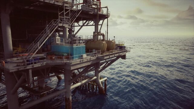 Oil rig platform at twilight, deck lights starting to glow over calm sea, maintenanceready equipment and piping visible, mood of operational readiness