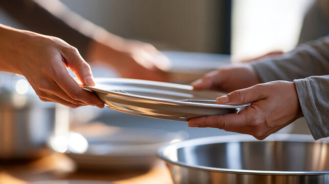 Anonymous church volunteers serving hot meals at a community table, hands exchanging plates, charity, food relief, compassion, Christian outreach, human connection, with copy space
