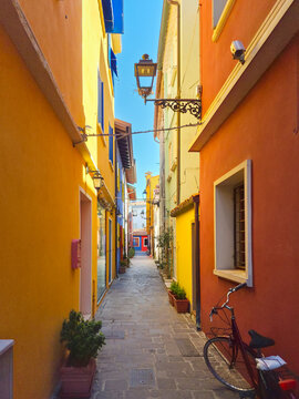 Houses and narrow alleys in Caorle, Italy