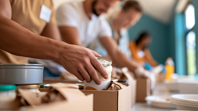Church charity volunteers sorting food donations on tables in a community hall, faceless volunteers, Christian outreach, food drive, humanitarian support, community service, with