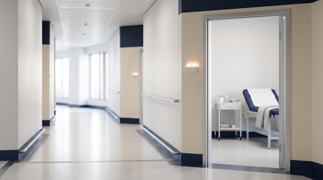 Bright empty hospital hallway leading past examination room with medical bed