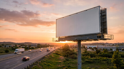 Obraz premium A blank billboard mockup displayed along a busy highway during a beautiful golden hour sunset scene