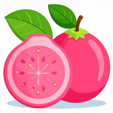 Vibrant pink guava illustration featuring one whole fruit and one sliced half with green.