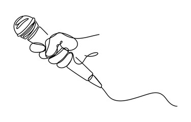 Obraz premium Continuous single line drawing of a hand holding a microphone for singing or podcasting