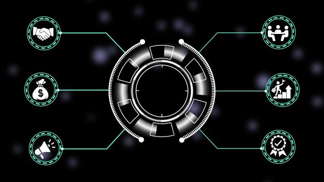 Dynamic futuristic hud infographic animation with rotating central tech interface and animated business strategy populating network nodes for corporate marketing presentations