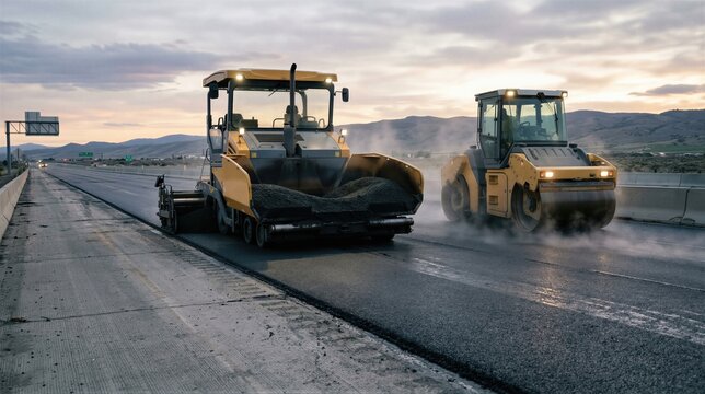 Industrial paving machines laying fresh asphalt on highway. Heavy machinery working on road reconstruction project. Civil engineering equipment for infrastructure development site at sunset.