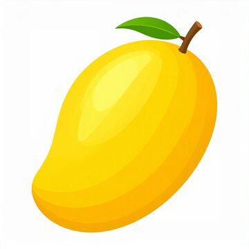 A vibrant yellow mango with a green leaf is depicted in a clean flat vector illustration.