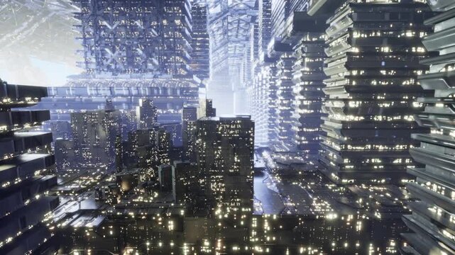 Bright city teems with active glowing networks. Lively urban environment filled with luminous signals and constant digital communication flows