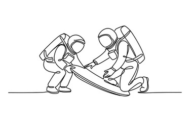 Two astronauts working together on a space mission in continuous line drawing style © Prem_Bala_2026