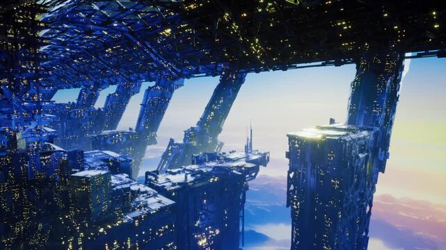 Remote explorer outpost perched on ledge, compact modules and antennae dotting high plateau, launch pads and supply crates arranged on platforms, cool dawn