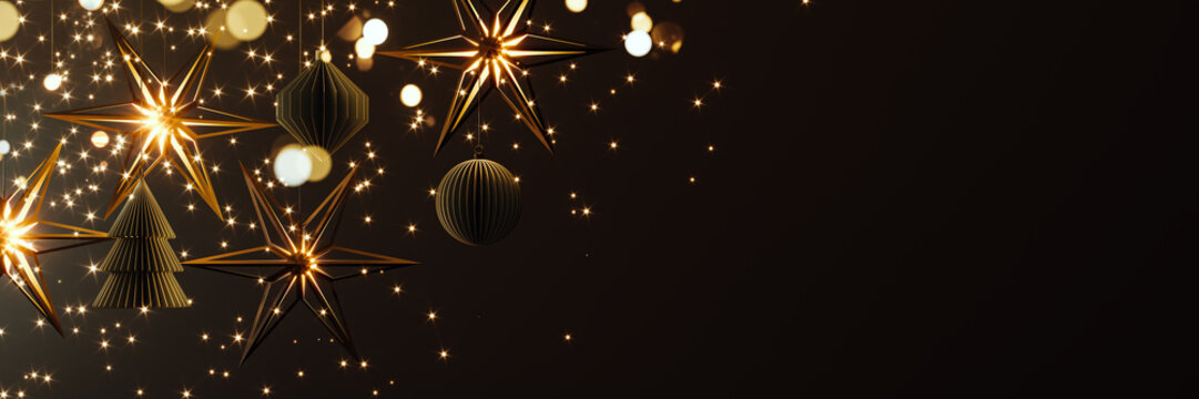 Glowing paper Christmas stars with decoration on black background with copy space. Christmas banner design. 3D Rendering, 3D Illustration