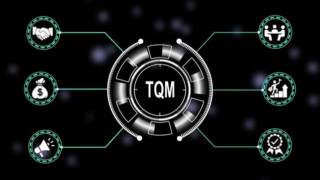 Comprehensive tqm total management concept animation featuring futuristic hud interface business growth strategy and corporate excellence standards for enterprise success
