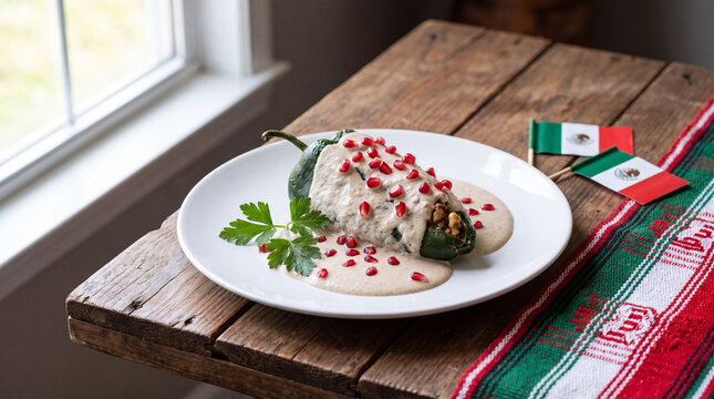Chiles en nogada on a white plate. Traditional Mexican dish with walnut sauce and pomegranate seeds. Rustic wooden table setting