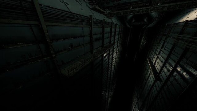 Dark industrial corridor with metal rivets and deep shaft perspective, moody cinematic lighting creates dramatic shadow bands, textured steel panels show rust