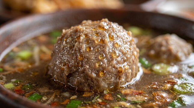 Close up of juicy Indonesian beef meatball bakso in rich savory broth topped with scallions and chili oil