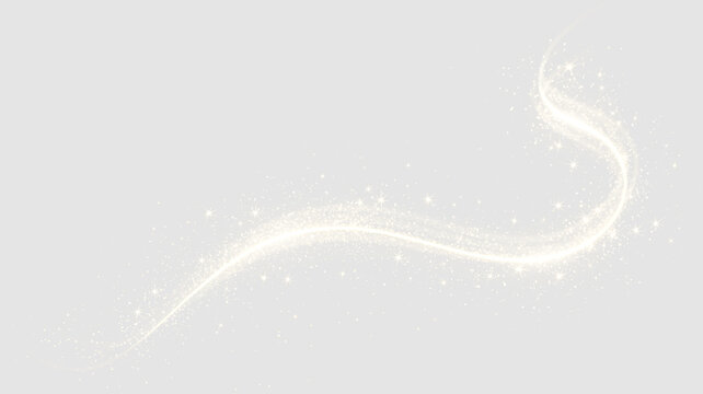 Golden sparkle trail with glowing stardust particles and light wave effect. Shimmering curved magic dust path isolated on transparent background