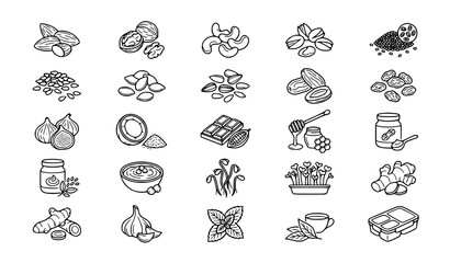 Obraz premium Healthy Snacks Superfoods and Natural Ingredients Thin Line Icons