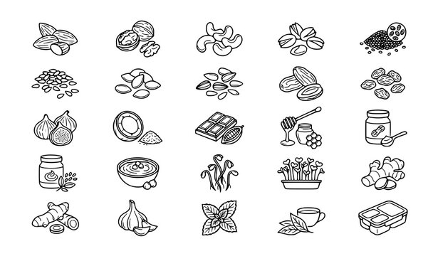 Healthy Snacks Superfoods and Natural Ingredients Thin Line Icons