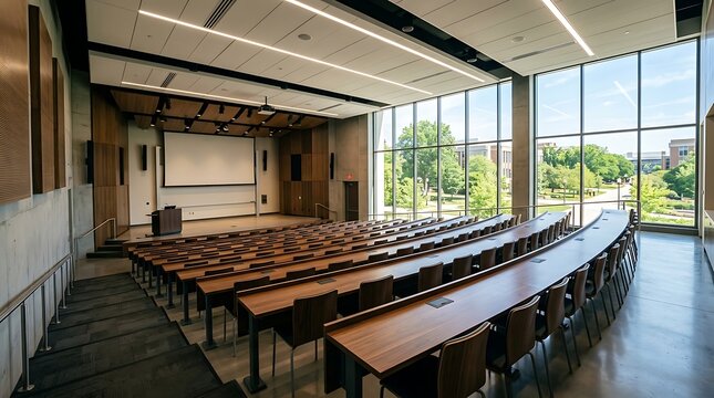 Empty modern university auditorium with wooden desks and large windows