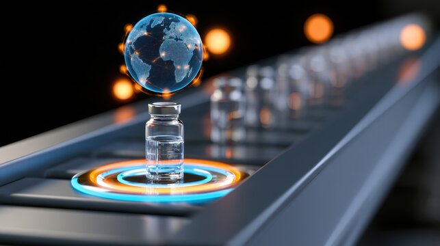 Global vaccine distribution concept with a glass vial and glowing earth on conveyor belt.
