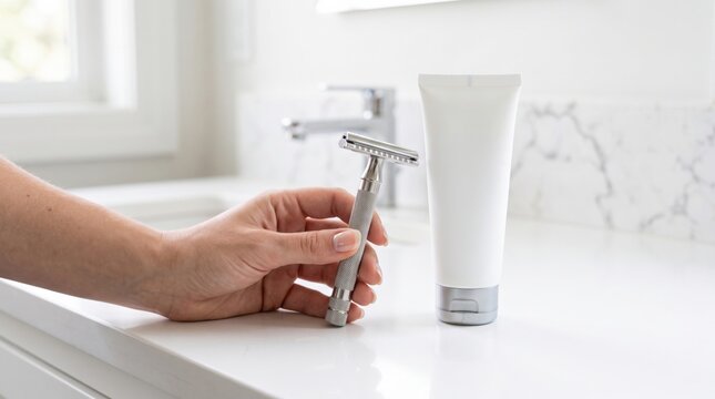 A hand holding a metal safety razor over a bathroom sink next to a white tube of shaving cream.