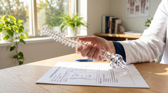 A medical professional holds a clear spine model above a patient form on a desk in a bright, plant-filled office.