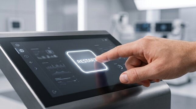 A hand is pressing a "RESTART" button on a sleek touchscreen interface of a modern electronic device in a high-tech environment.