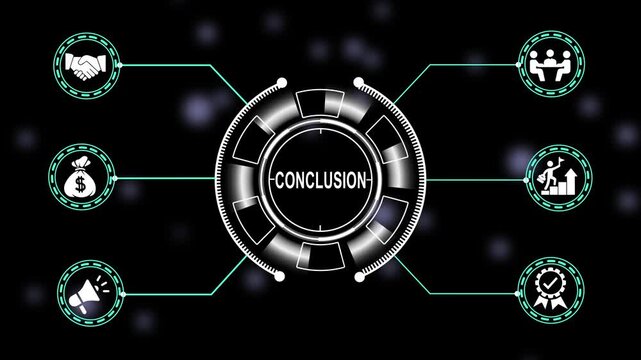 Dynamic futuristic hud interface animation featuring conclusion text and business growth connected in a cybernetic for corporate presentations and modern tech