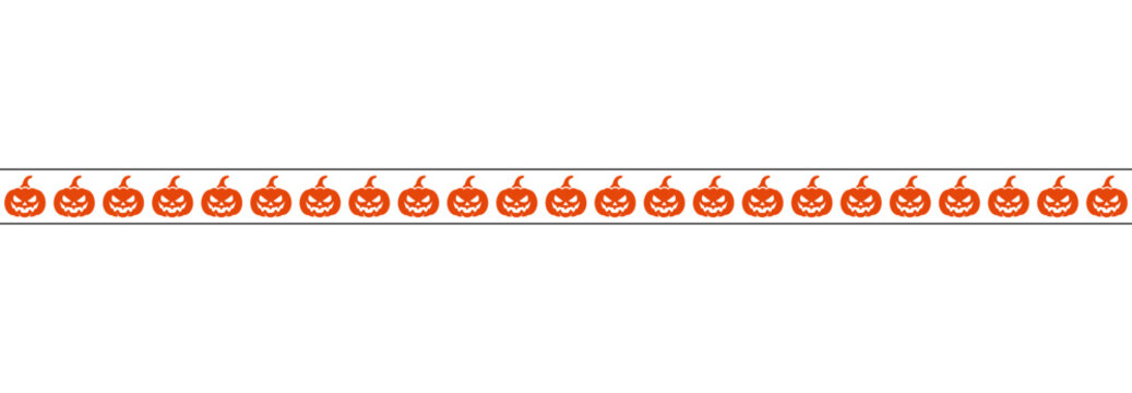 Horizontal halloween border with repeating orange jack-o&rsquo;-lantern pumpkins and black lines.