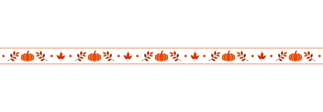 Autumn pumpkin, maple leaf and branch horizontal decorative border.