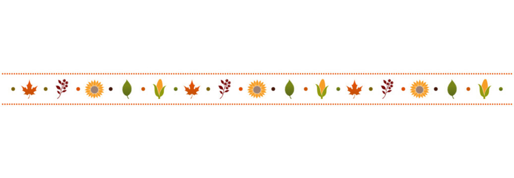 Autumn sunflower, corn and colorful leaf horizontal decorative border