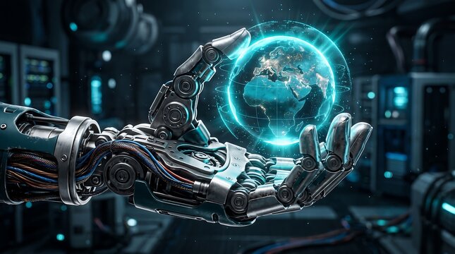 Advanced Robotic Hand Holding A Glowing Holographic Earth Globe In A Futuristic Server Room