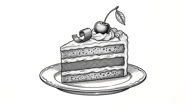 Black and white hand drawn cake slice with cherry topper for bakery menu design prints.
